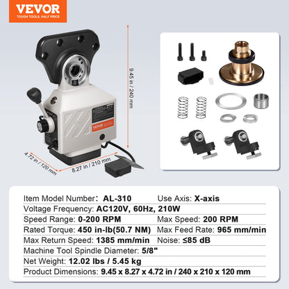 VEVOR X-Axis Power Feed for Milling Machine, 450 in-lb Torque, 0-200RPM Adjustable Rotate Speed 120V Power Table Feed Mill Feeder, for Bridgeport Some Knee Type Mills with a 5/8" End Shaft Diameter - AL-310SXCZDQ00000V1 - view 8