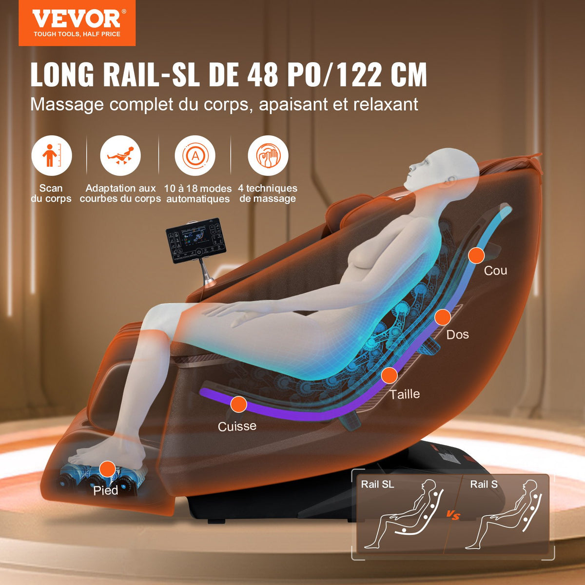 VEVOR Massage Chair with Flexible SL-Track, Full Body Zero Gravity Recliner, 10-18 Auto Modes, 3D Shiatsu, Heating, Bluetooth Speaker, Airbag, Foot Roller, and Touch Screen - AMYBBSCKPSLD1GB7XV1 - view 3