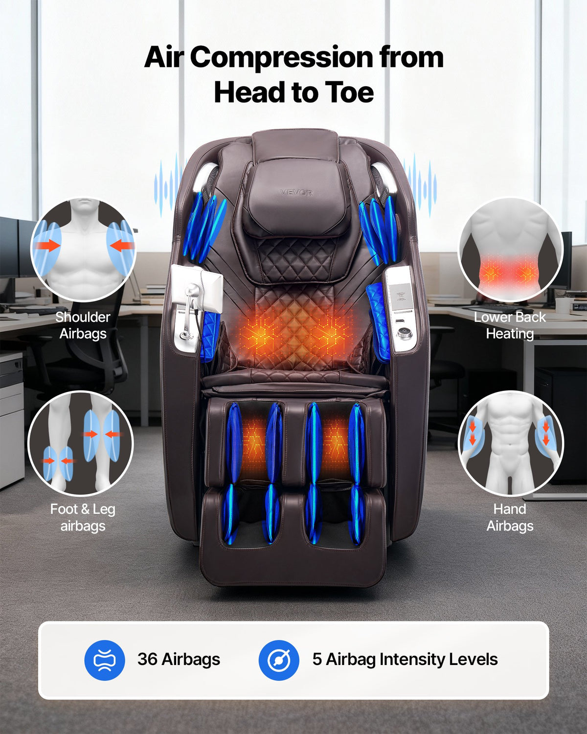VEVOR Massage Chair,  4D Full Body Zero Gravity Recliner with SL Track, Yoga Stretch, AI Voice Control, Heat, Foot Roller, Retractable Pedal, 36 Airbags, LCD, Armrest Controls, Rolling Base - AMYLCDPFSAJAH6RAK001V1 - view 6