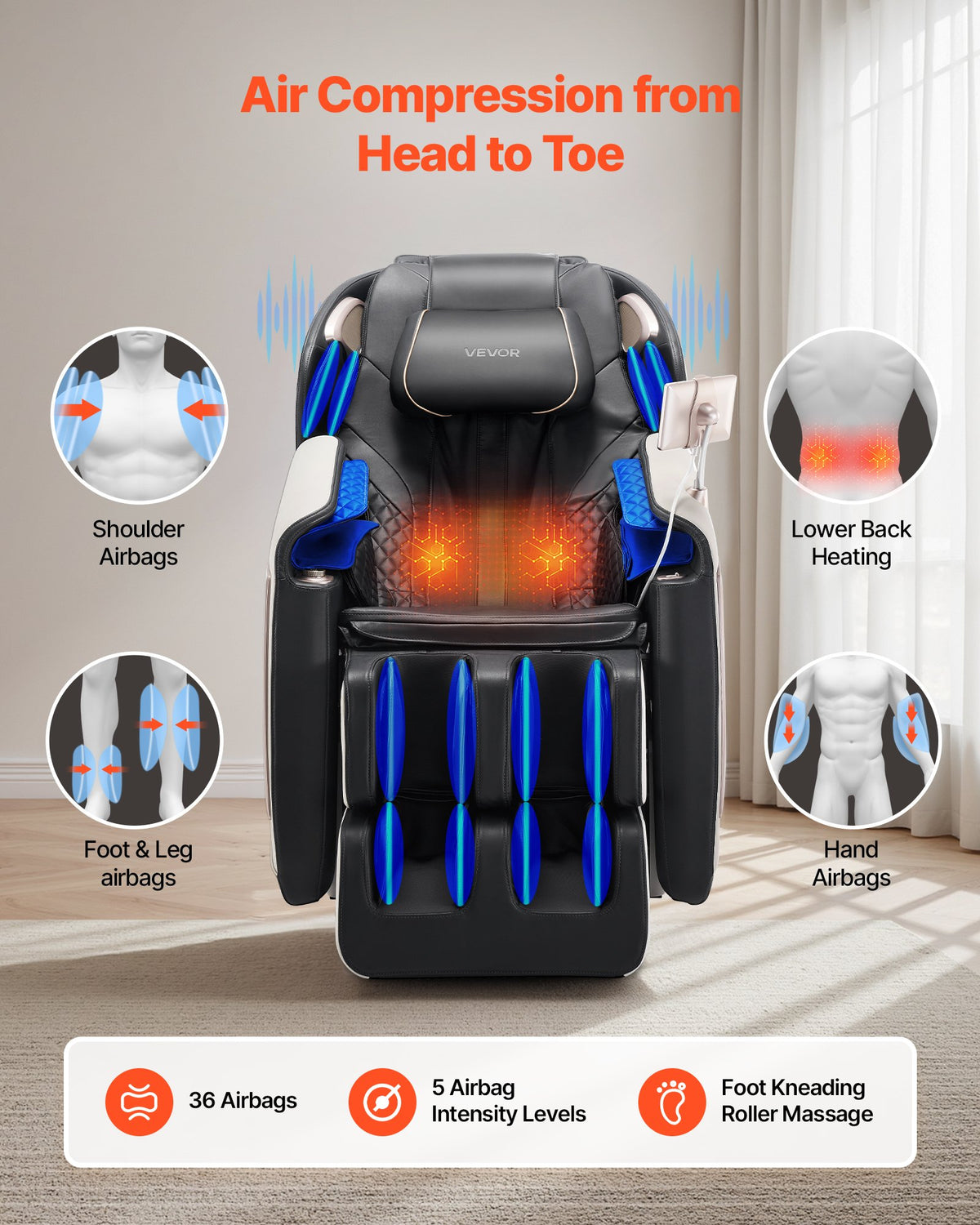 VEVOR Full Body Massage Chair, 3D Zero Gravity Recliner with SL Track, 18 Auto Modes, Heat, Foot Rollers, Armrest Control, LCD Display, 36 Airbags, Retractable Footrest - AMYLCDPFSAJKNGBSS001V1 - view 7