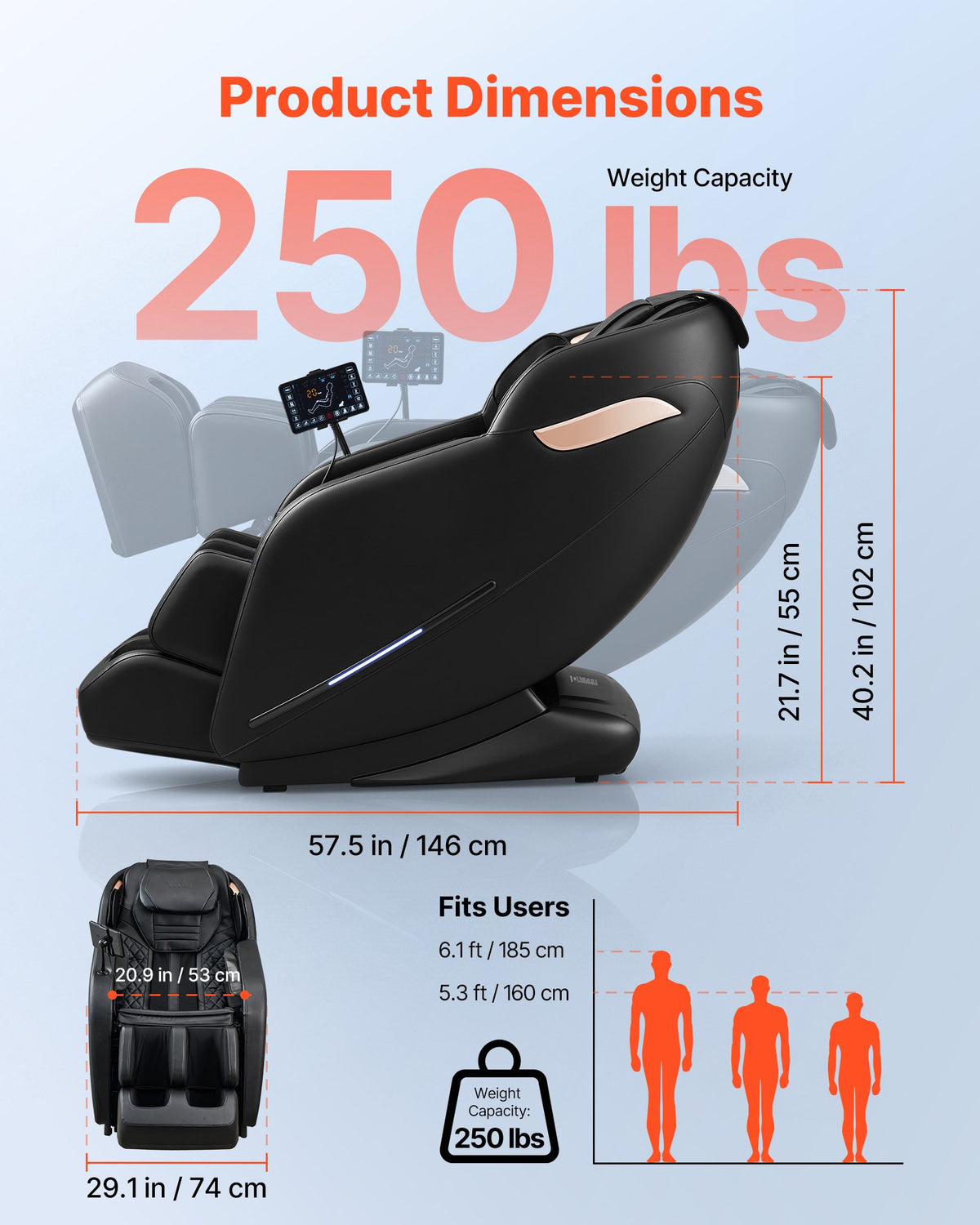 VEVOR Massage Chair, 3D Zero-Gravity Full Body Massage Chair with Extendable Footrest, Automatic Modes, Airbags, Waist & Leg Heating, Bluetooth Speaker, Touchscreen Control, for Home and Office Use - AMYLEDPBBSSLGKMIJ001V1 - view 5