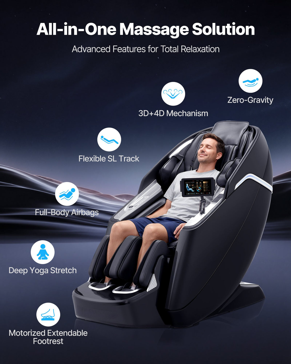 VEVOR Dual-Core 4D+3D Full Body Massage Chair,  with Extended SL Track, Deep Yoga Stretch, Electric Extendable Footrest, TFT, AI Voice Control, Heat, Airbags, Armrest Controls, Wheels - AMYTFTPFSAJAAEFL2001V1 - view 3