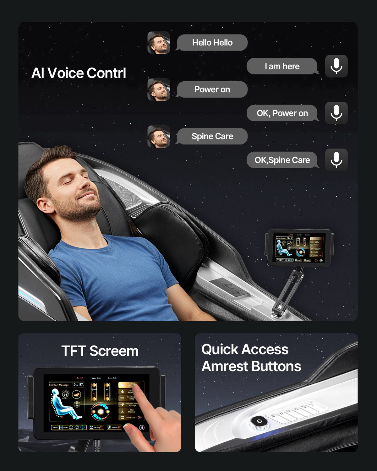 VEVOR Dual-Core 4D+3D Full Body Massage Chair,  with Extended SL Track, Deep Yoga Stretch, Electric Extendable Footrest, TFT, AI Voice Control, Heat, Airbags, Armrest Controls, Wheels - AMYTFTPFSAJAAEFL2001V1 - view 7