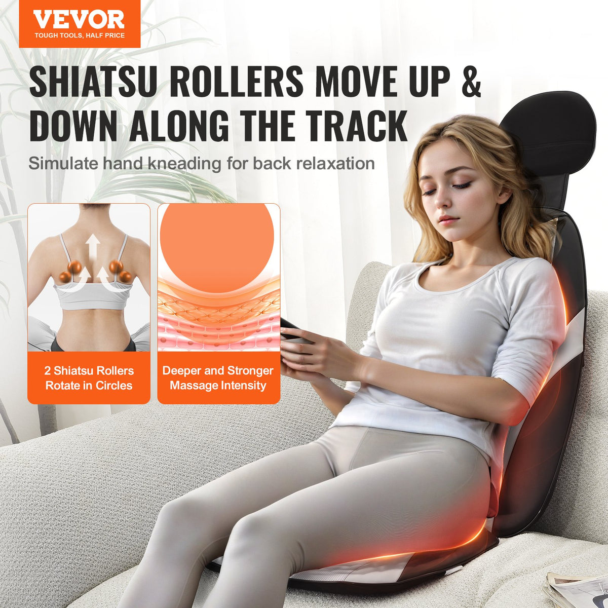 VEVOR Shiatsu Back Massager with Heat, Massage Seat Cushion with 2-Group Back Shiatsu Rollers and 2 Seat Vibration Motors, Fatigue Relief Seat Massage Chair Pad with 5 Vibration Modes for Home Office - AMZD220000004WEZZV5 - view 3