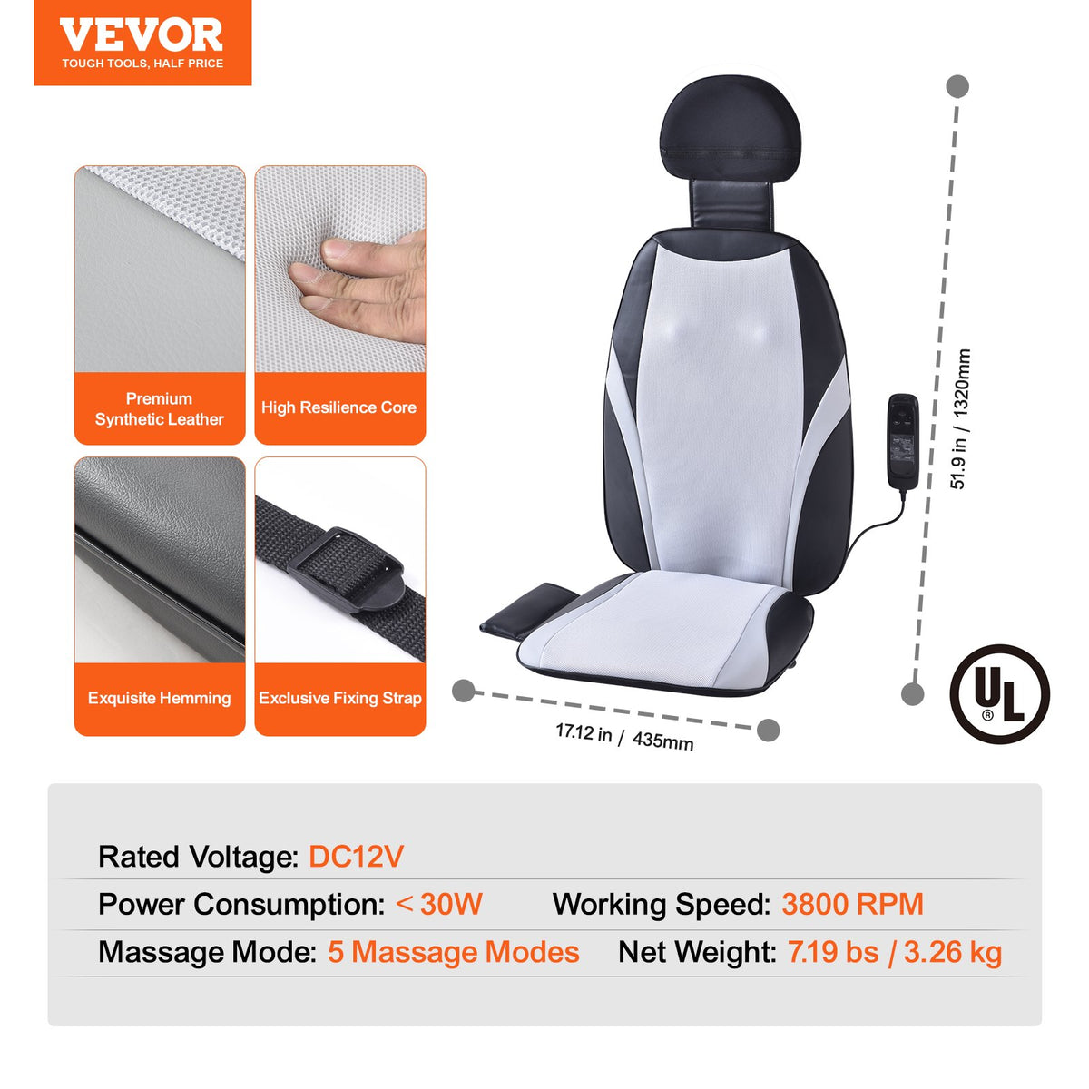 VEVOR Shiatsu Back Massager with Heat, Massage Seat Cushion with 2-Group Back Shiatsu Rollers and 2 Seat Vibration Motors, Fatigue Relief Seat Massage Chair Pad with 5 Vibration Modes for Home Office - AMZD220000004WEZZV5 - view 8
