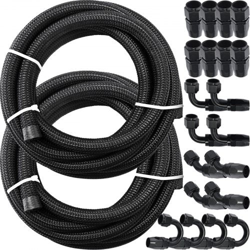 VEVOR 8AN Fuel Line Kit, 32.8' Nylon Stainless Steel Braided Oil Line Hose ID. 11.11 mm/ 0.44 in, with 20 pcs 8AN Universal Fitting Adapter Set with Aluminum Hose End, Black - AN8YGTJ0000000001V0 - view 1