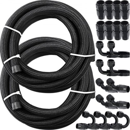 VEVOR 8AN Fuel Line Kit, 32.8' Nylon Stainless Steel Braided Oil Line Hose ID. 11.11 mm/ 0.44 in, with 20 pcs 8AN Universal Fitting Adapter Set with Aluminum Hose End, Black - AN8YGTJ0000000001V0 - view 1