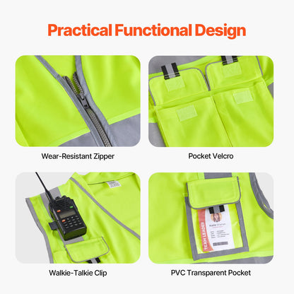 VEVOR Safety Vest, 10 Pockets Yellow Safety Vest, High Visibility Zipper Front Safety Vest with Reflective Strips, Hi Vis Work Construction Vest with Pockets and Walkie-Talkie Clip, for Men & Woman - AQBXHS1GHLM0O3DC9V0 - view 6