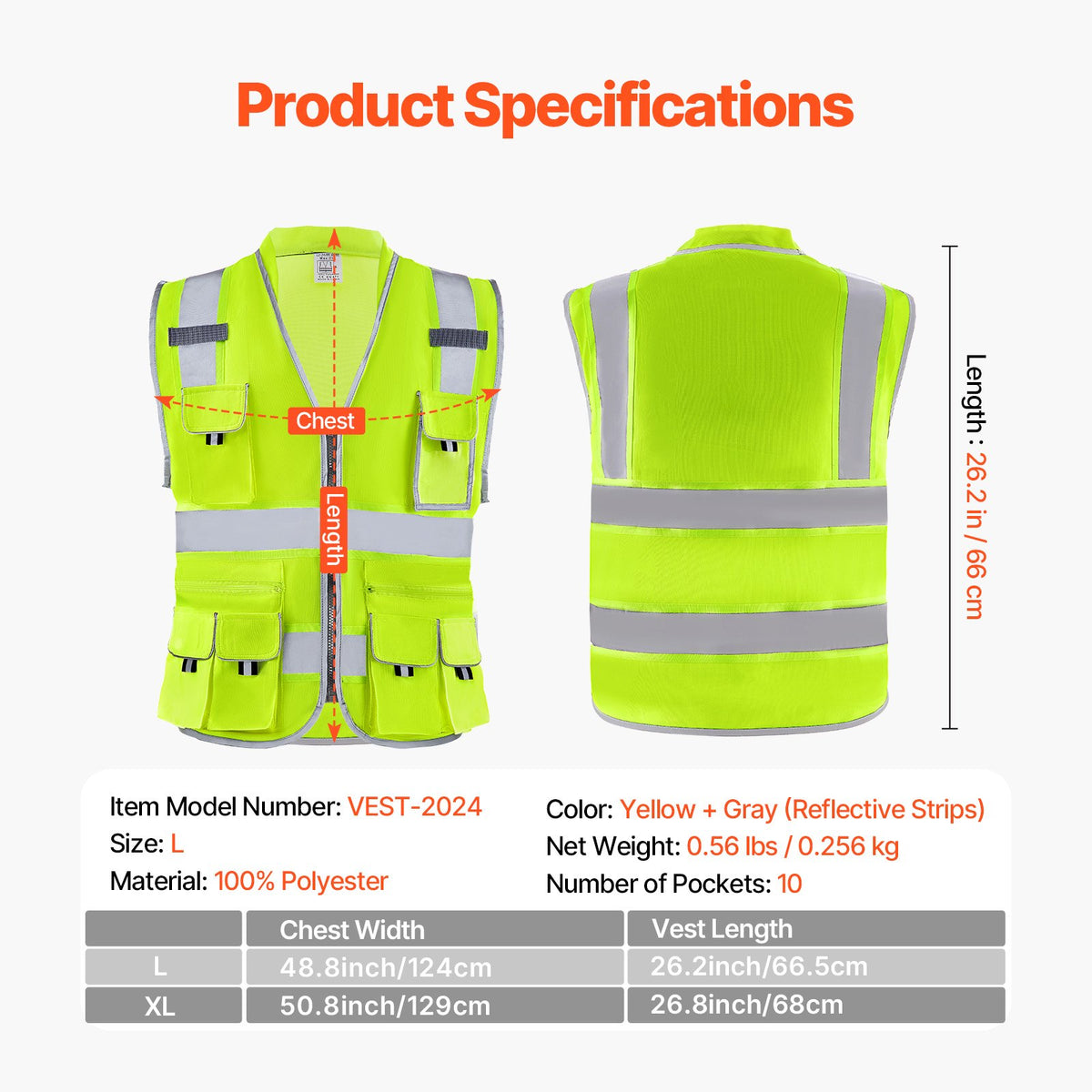 VEVOR Safety Vest, 10 Pockets Yellow Safety Vest, High Visibility Zipper Front Safety Vest with Reflective Strips, Hi Vis Work Construction Vest with Pockets and Walkie-Talkie Clip, for Men & Woman - AQBXHS1GHLM0O3DC9V0 - view 8