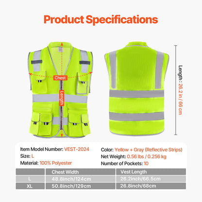 VEVOR Safety Vest, 10 Pockets Yellow Safety Vest, High Visibility Zipper Front Safety Vest with Reflective Strips, Hi Vis Work Construction Vest with Pockets and Walkie-Talkie Clip, for Men & Woman - AQBXHS1GHLM0O3DC9V0 - view 8