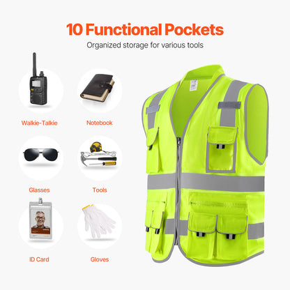 VEVOR Safety Vest, 10 Pockets Yellow Safety Vest, Hi Vis Zipper Front Safety Vest with Reflective Strips, High Visibility Work Construction Vest with Pockets and Walkie-Talkie Clip, for Men & Woman - AQBXHS1GHXLM1IMCEV0 - view 4