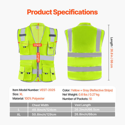 VEVOR Safety Vest, 10 Pockets Yellow Safety Vest, Hi Vis Zipper Front Safety Vest with Reflective Strips, High Visibility Work Construction Vest with Pockets and Walkie-Talkie Clip, for Men & Woman - AQBXHS1GHXLM1IMCEV0 - view 8