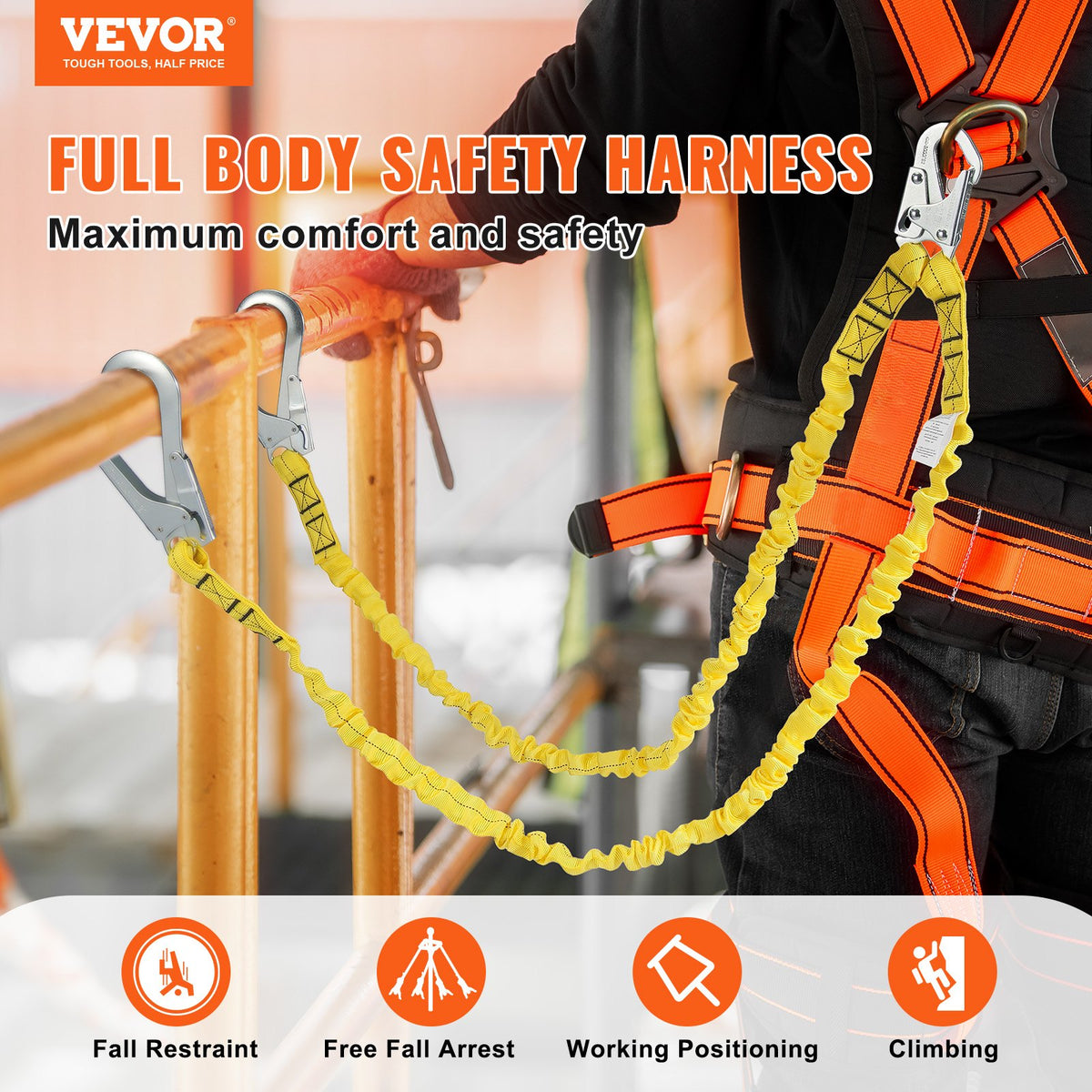VEVOR 38mm Safety Lanyard, 6ft(1.83m) Fall Protection Lanyard with 2 Alloy Steel Snap Hooks, Retractable Safety Belt for Outdoor/Indoor Tree Climbing, 38KN Breaking Tension Lanyard, Yellow - AQGSSGYSSXWH2HFJGV0 - view 3