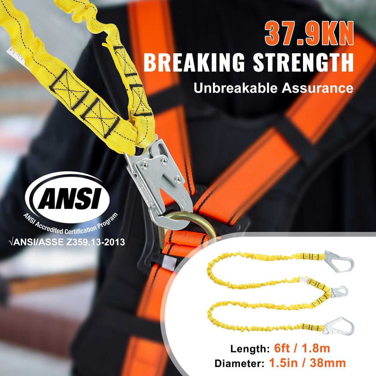 VEVOR 38mm Safety Lanyard, 6ft(1.83m) Fall Protection Lanyard with 2 Alloy Steel Snap Hooks, Retractable Safety Belt for Outdoor/Indoor Tree Climbing, 38KN Breaking Tension Lanyard, Yellow - AQGSSGYSSXWH2HFJGV0 - view 4