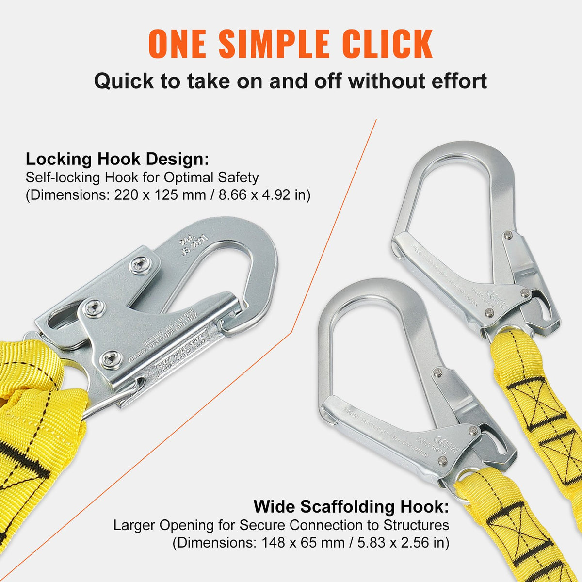 VEVOR 38mm Safety Lanyard, 6ft(1.83m) Fall Protection Lanyard with 2 Alloy Steel Snap Hooks, Retractable Safety Belt for Outdoor/Indoor Tree Climbing, 38KN Breaking Tension Lanyard, Yellow - AQGSSGYSSXWH2HFJGV0 - view 5