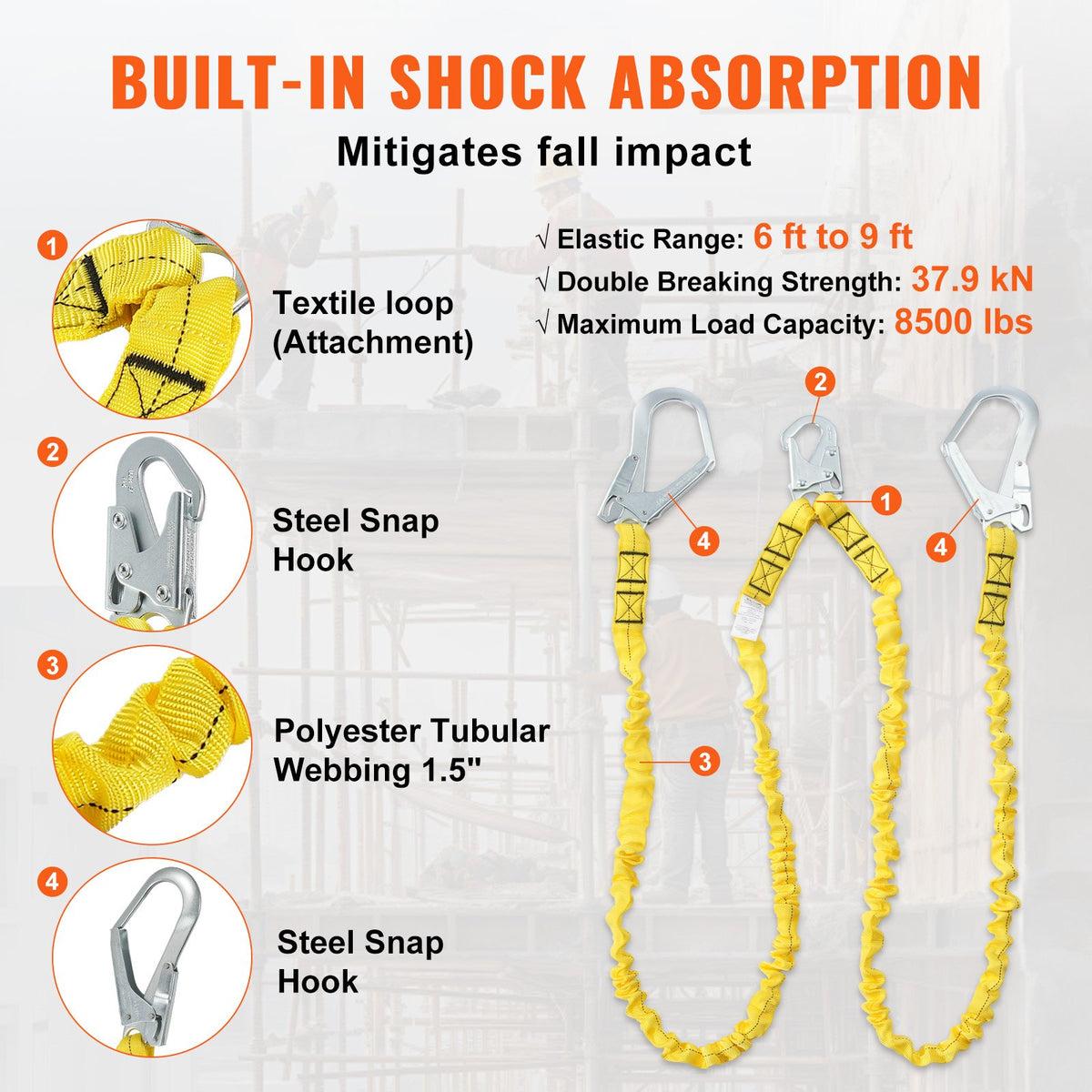 VEVOR 38mm Safety Lanyard, 6ft(1.83m) Fall Protection Lanyard with 2 Alloy Steel Snap Hooks, Retractable Safety Belt for Outdoor/Indoor Tree Climbing, 38KN Breaking Tension Lanyard, Yellow - AQGSSGYSSXWH2HFJGV0 - view 6