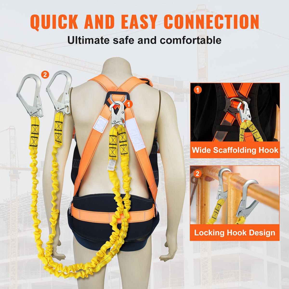 VEVOR 38mm Safety Lanyard, 6ft(1.83m) Fall Protection Lanyard with 2 Alloy Steel Snap Hooks, Retractable Safety Belt for Outdoor/Indoor Tree Climbing, 38KN Breaking Tension Lanyard, Yellow - AQGSSGYSSXWH2HFJGV0 - view 7