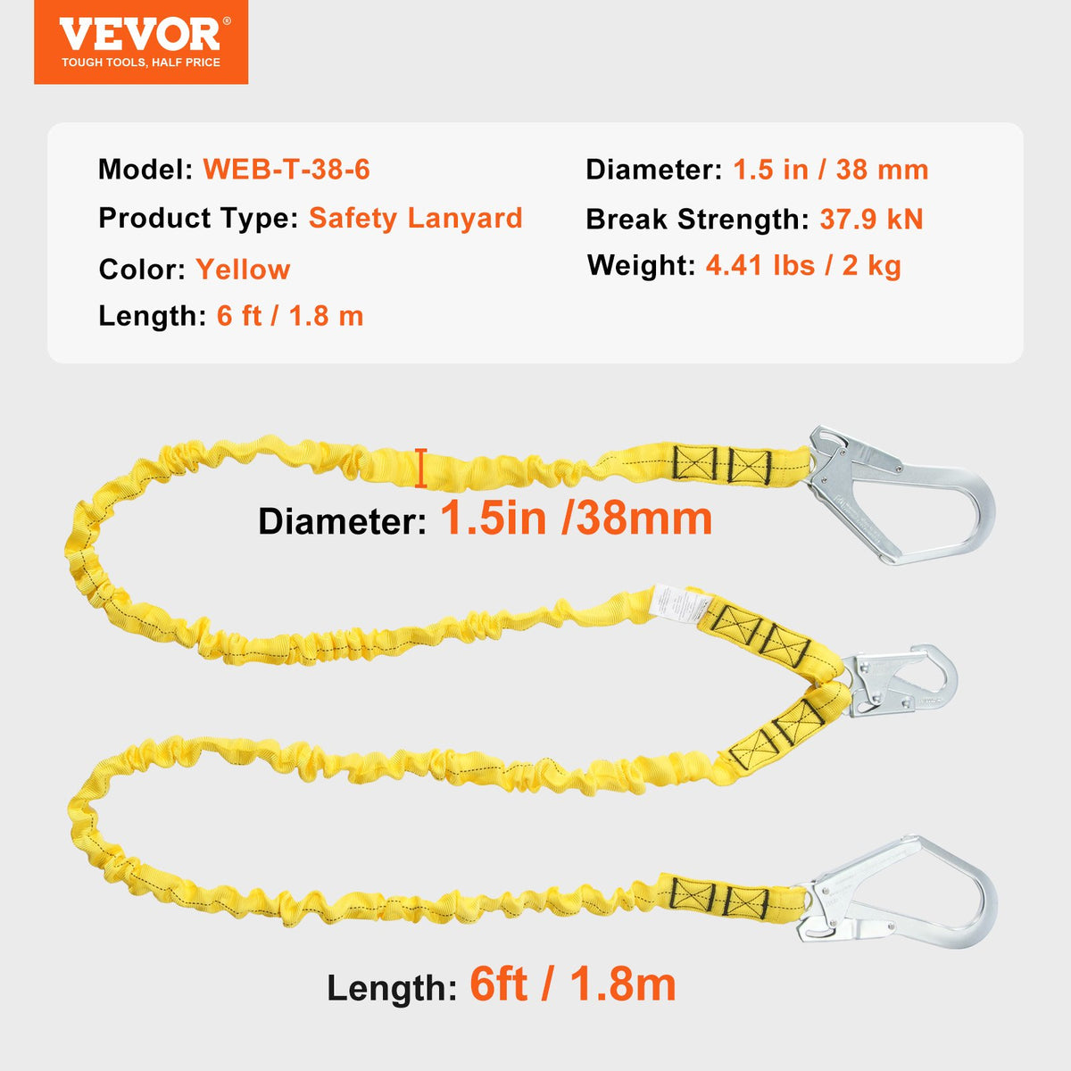 VEVOR 38mm Safety Lanyard, 6ft(1.83m) Fall Protection Lanyard with 2 Alloy Steel Snap Hooks, Retractable Safety Belt for Outdoor/Indoor Tree Climbing, 38KN Breaking Tension Lanyard, Yellow - AQGSSGYSSXWH2HFJGV0 - view 8