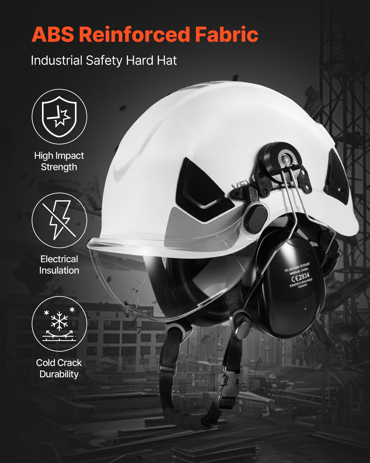 VEVOR Industrial Safety Helmet, ANSI/ISEA Z89.1 Approved ABS Hard Hat with Visor & Earmuffs, 6-Point Ratchet Suspension, Adjustable Vented Hardhat for Men & Women, for Outdoor Construction Workwear - AQMANSITYPE1L9NAX001V0 - view 4