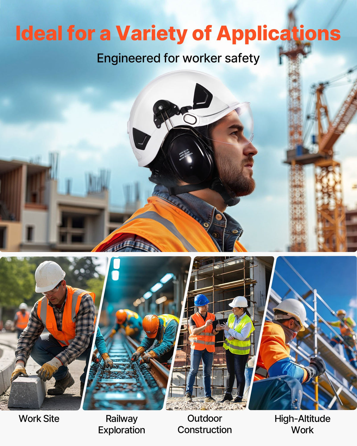 VEVOR Industrial Safety Helmet, ANSI/ISEA Z89.1 Approved ABS Hard Hat with Visor & Earmuffs, 6-Point Ratchet Suspension, Adjustable Vented Hardhat for Men & Women, for Outdoor Construction Workwear - AQMANSITYPE1L9NAX001V0 - view 7