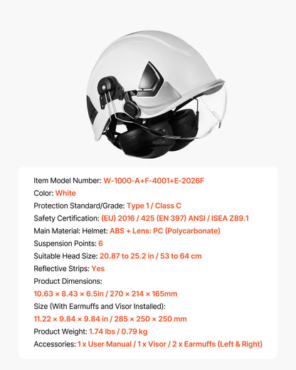 VEVOR Industrial Safety Helmet, ANSI/ISEA Z89.1 Approved ABS Hard Hat with Visor & Earmuffs, 6-Point Ratchet Suspension, Adjustable Vented Hardhat for Men & Women, for Outdoor Construction Workwear - AQMANSITYPE1L9NAX001V0 - view 8