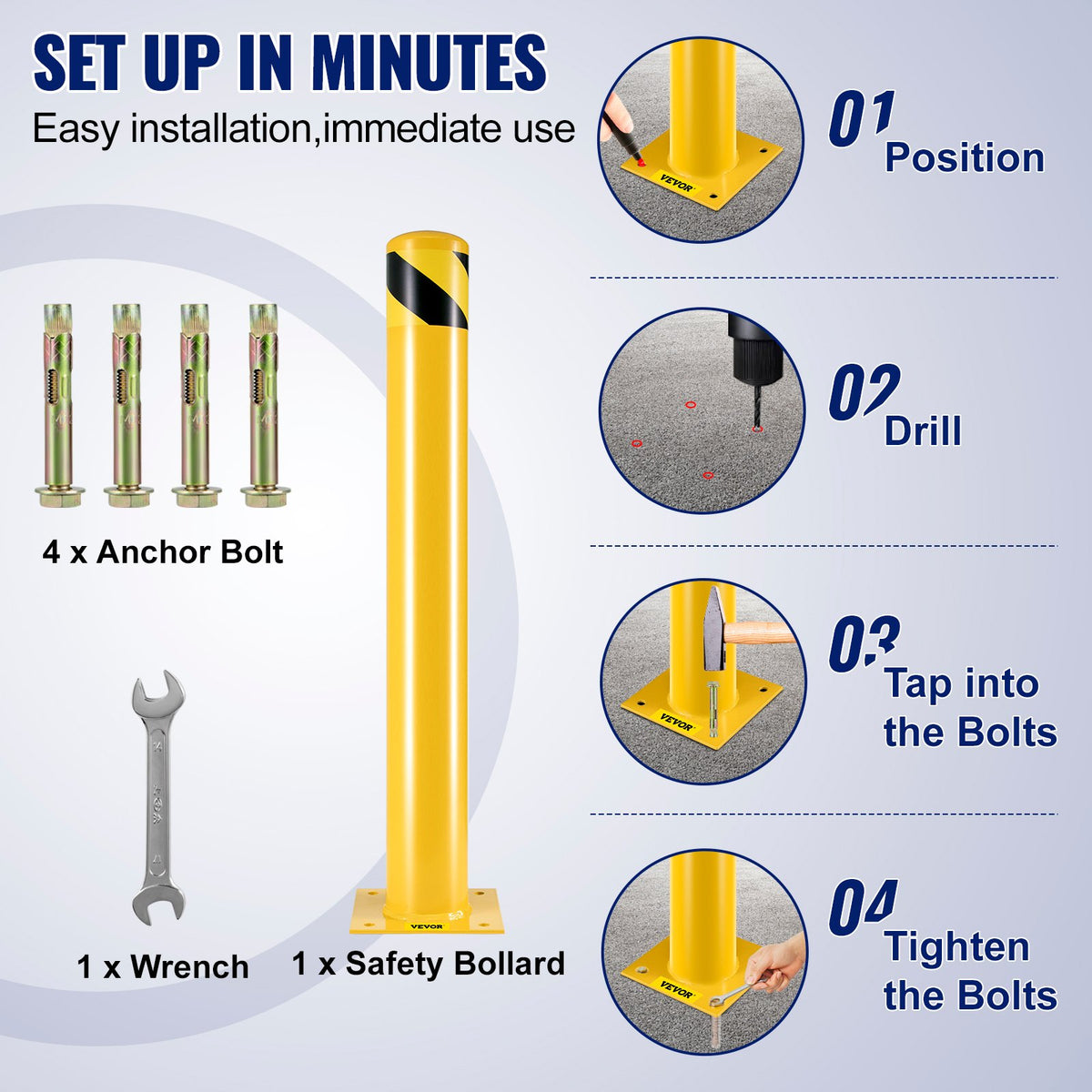 VEVOR Safety Bollard Safety Barrier Bollard 4-1/2" OD 36" Height Yellow Powder Coat Pipe Steel Safety Barrier with 4 Free Anchor Bolts for Traffic-Sensitive Area - AQZ36X4.5INHS0001V0 - view 5