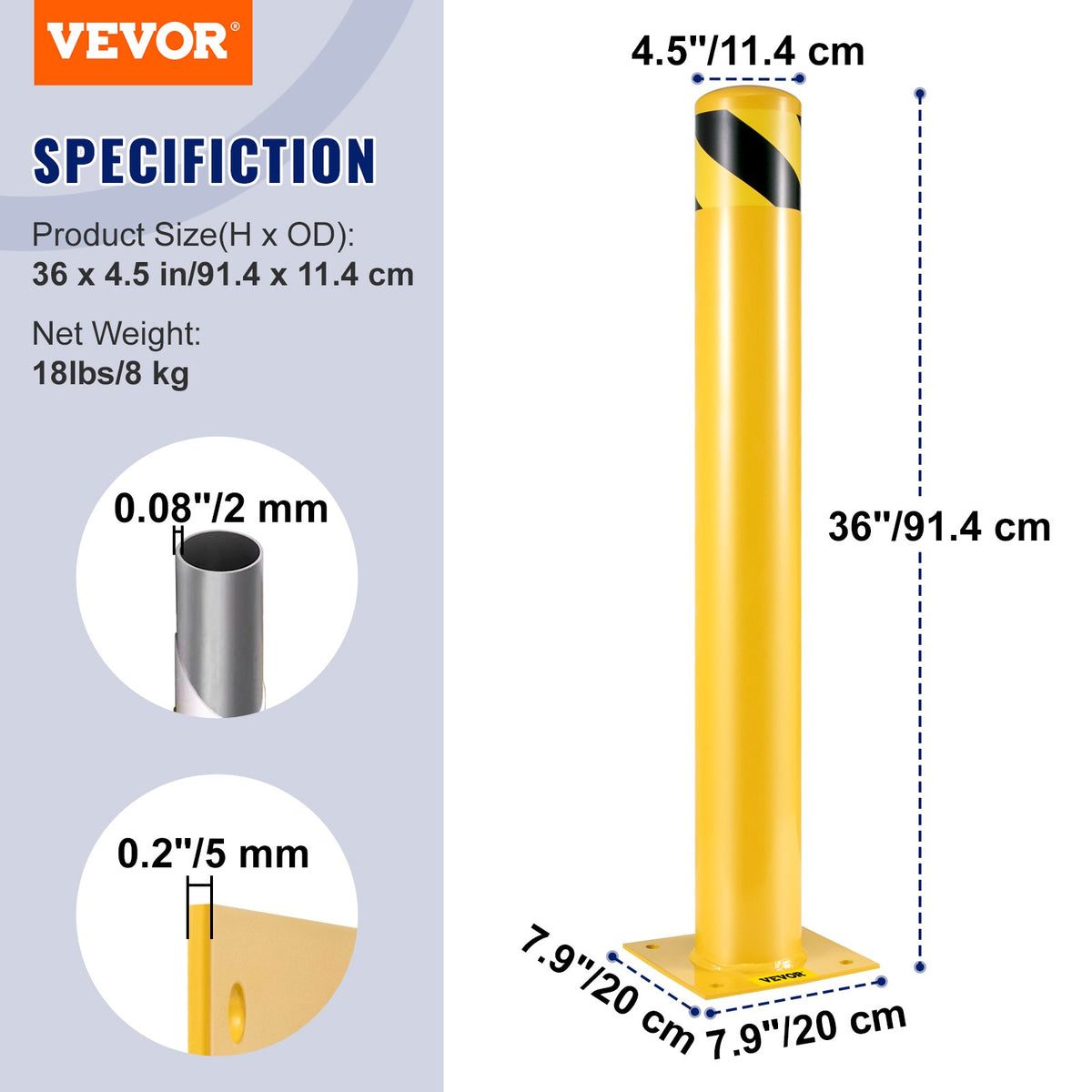 VEVOR Safety Bollard Safety Barrier Bollard 4-1/2" OD 36" Height Yellow Powder Coat Pipe Steel Safety Barrier with 4 Free Anchor Bolts for Traffic-Sensitive Area - AQZ36X4.5INHS0001V0 - view 8