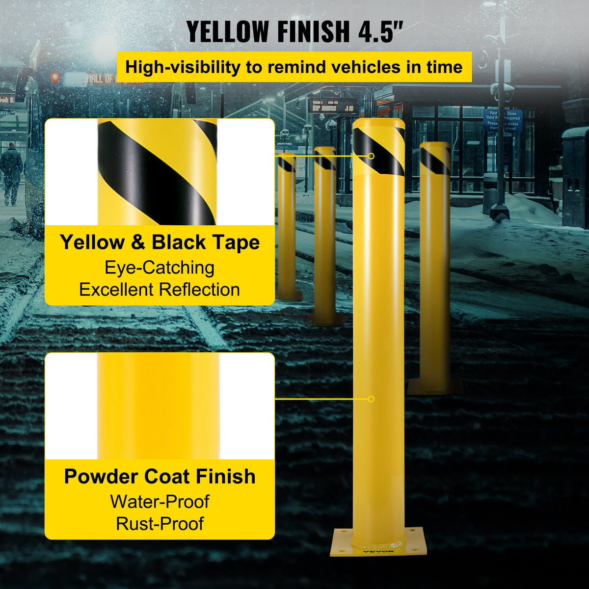 VEVOR Safety Bollard 48"x4.5" Safety Barrier Bollard 4-1/2" OD 48" Height Yellow Powder Coat Pipe Steel Safety Barrier with 4 Free Anchor Bolts for Traffic-Sensitive Area - AQZ48X4.5INHS0001V0 - view 5