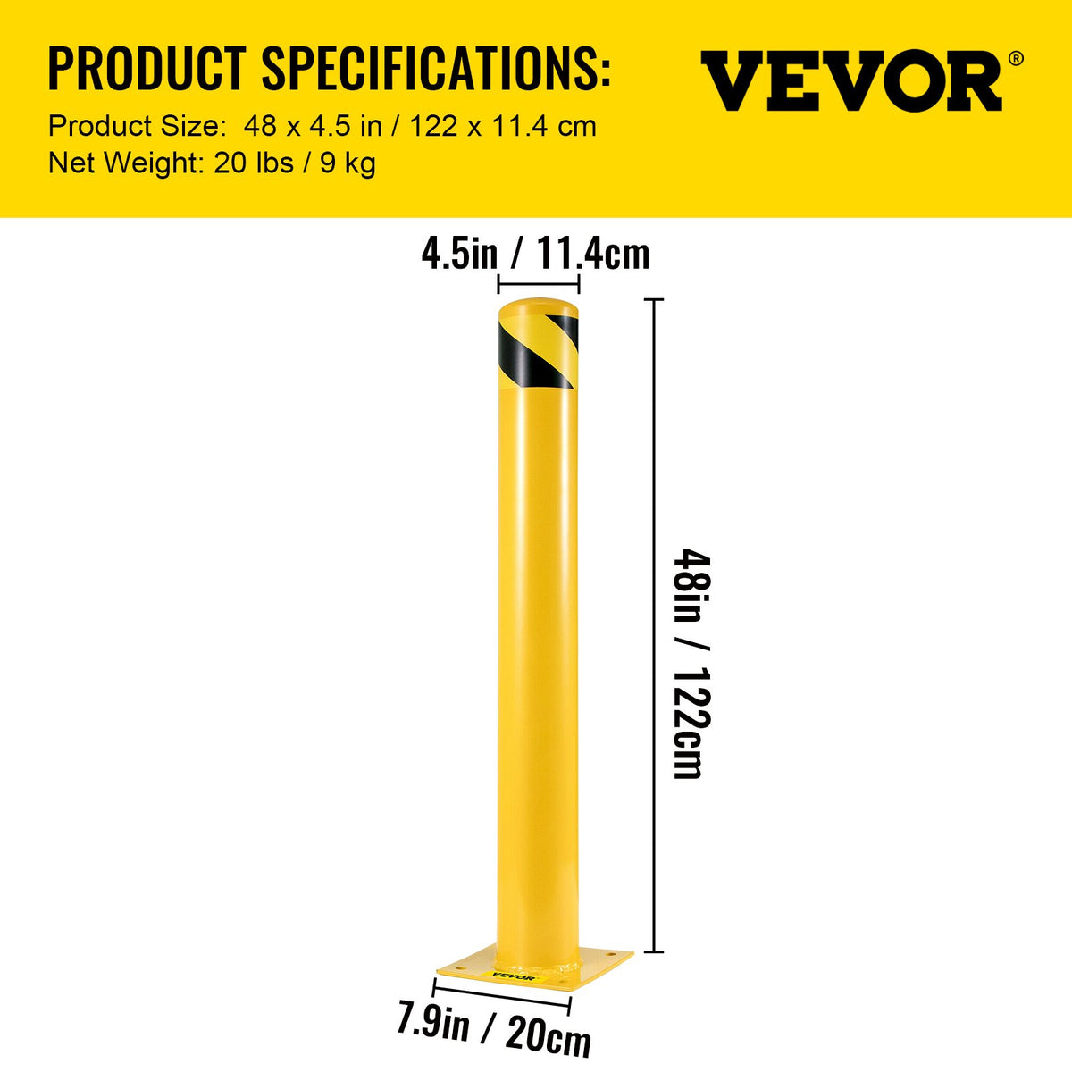 VEVOR Safety Bollard 48"x4.5" Safety Barrier Bollard 4-1/2" OD 48" Height Yellow Powder Coat Pipe Steel Safety Barrier with 4 Free Anchor Bolts for Traffic-Sensitive Area - AQZ48X4.5INHS0001V0 - view 8