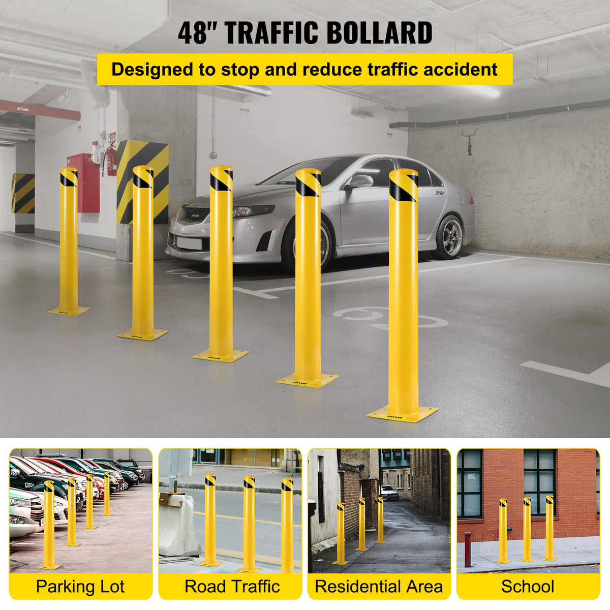 VEVOR Safety Bollard 48"x5.5", Safety Barrier Bollard 5-1/2" OD 48" Height, Yellow Powder Coat Pipe Steel Safety Barrier, with 4 Free Anchor Bolts, for Traffic-Sensitive Area - AQZ48X5.5INHS0001V0 - view 3