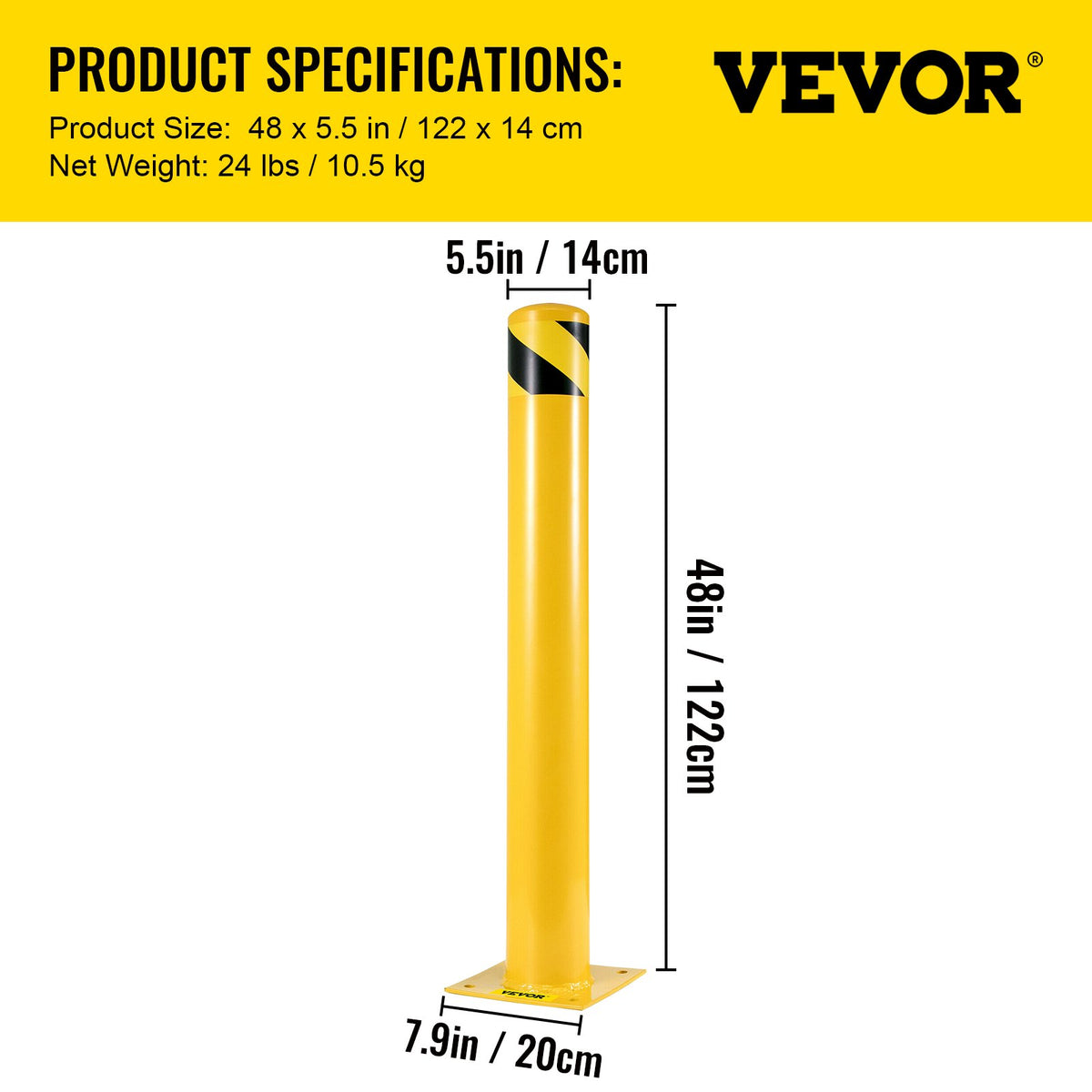 VEVOR Safety Bollard 48"x5.5", Safety Barrier Bollard 5-1/2" OD 48" Height, Yellow Powder Coat Pipe Steel Safety Barrier, with 4 Free Anchor Bolts, for Traffic-Sensitive Area - AQZ48X5.5INHS0001V0 - view 8