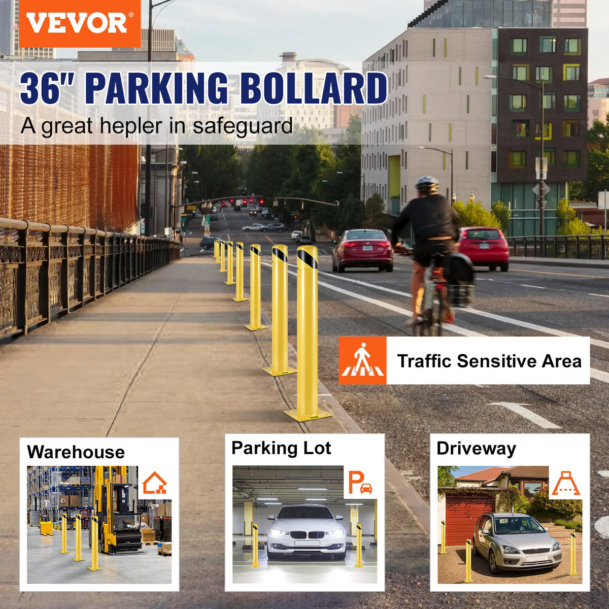 VEVOR Safety Bollard, 36 Inch Height Bollard Post, 4.5 Inch Diameter Steel Pipe Safety Bollard Post, Yellow Steel Bollard, Steel Safety Bollard with 8 Anchor Bolts, Perfect for Traffic-Sensitive Area - AQZYCHS364.527PAFV0 - view 3