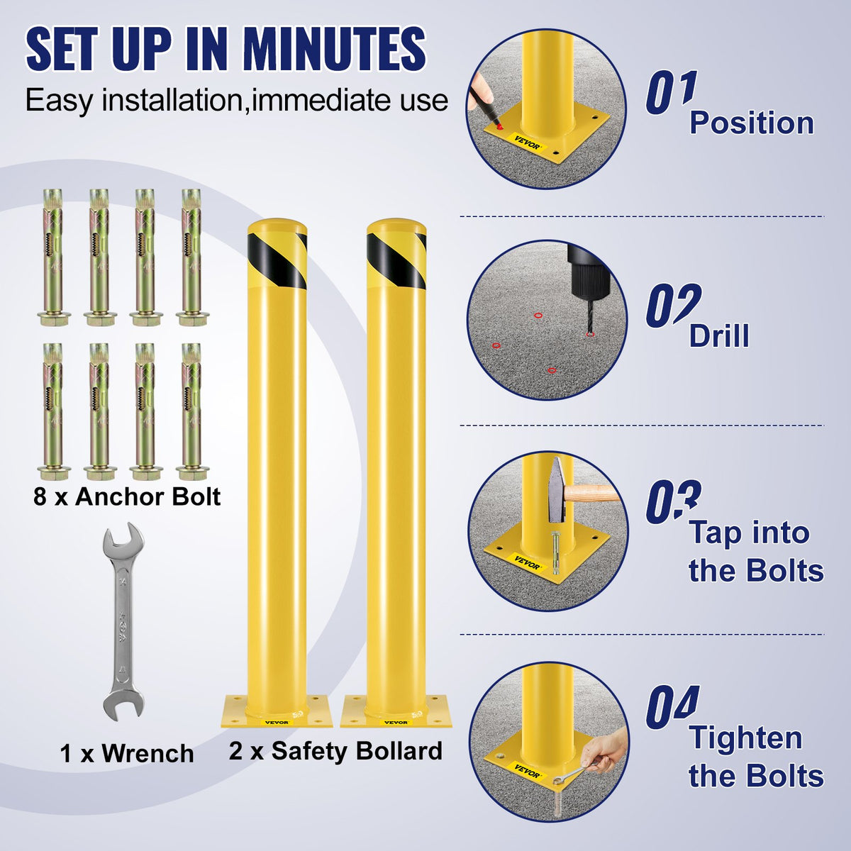 VEVOR Safety Bollard, 36 Inch Height Bollard Post, 4.5 Inch Diameter Steel Pipe Safety Bollard Post, Yellow Steel Bollard, Steel Safety Bollard with 8 Anchor Bolts, Perfect for Traffic-Sensitive Area - AQZYCHS364.527PAFV0 - view 5