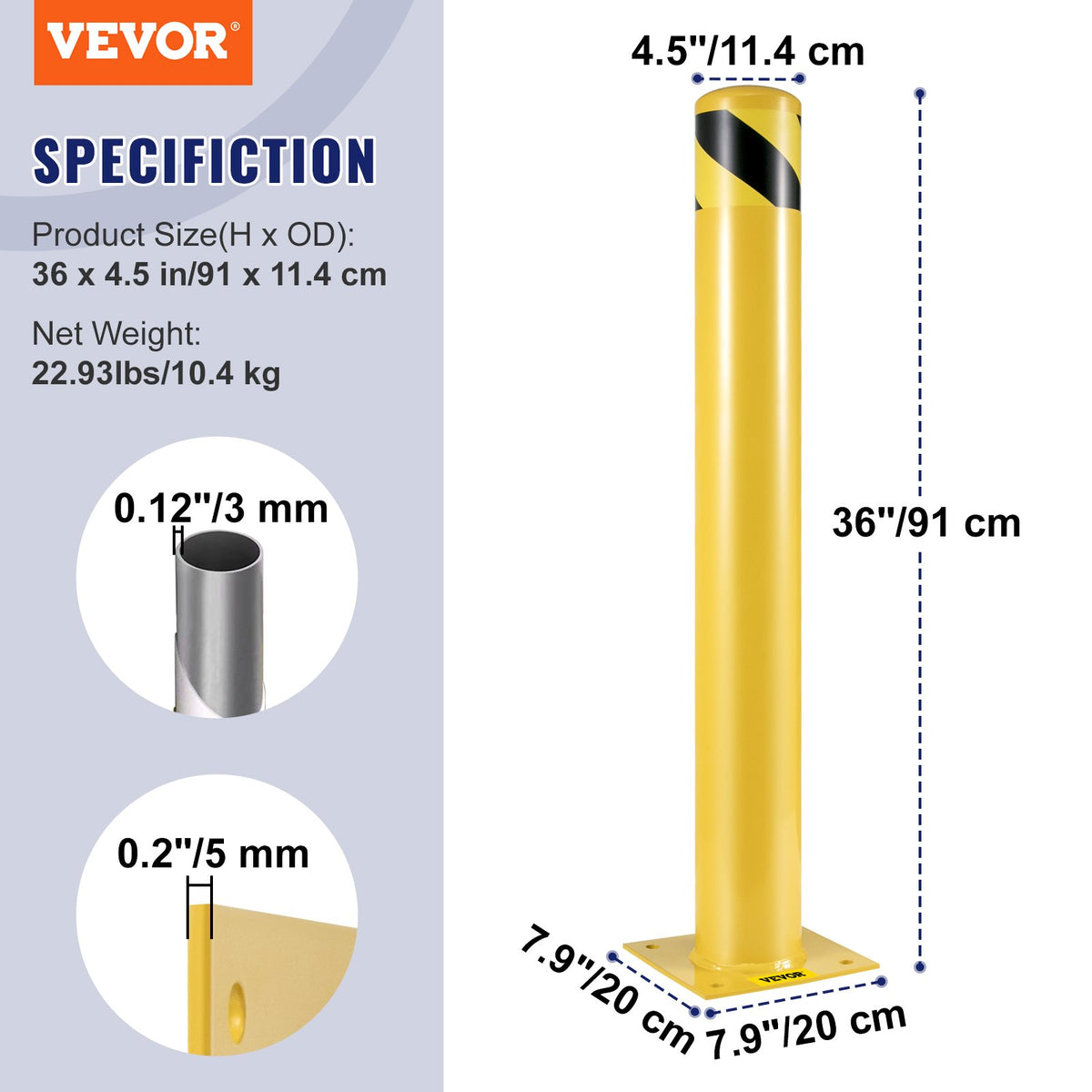 VEVOR Safety Bollard, 36 Inch Height Bollard Post, 4.5 Inch Diameter Steel Pipe Safety Bollard Post, Yellow Steel Bollard, Steel Safety Bollard with 8 Anchor Bolts, Perfect for Traffic-Sensitive Area - AQZYCHS364.527PAFV0 - view 8