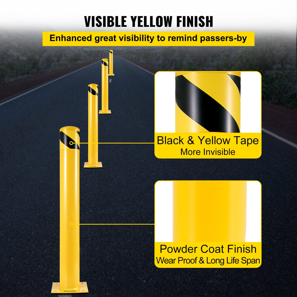 VEVOR Safety Bollard, 36 Inch Height Bollard Post, 5.5 Inch Diameter Steel Pipe Safety Bollard Post, Yellow Steel Bollard, Steel Safety Bollard with 8 Anchor Bolts, Perfect for Traffic-Sensitive Area - AQZYCHS365.523B0MV0 - view 5