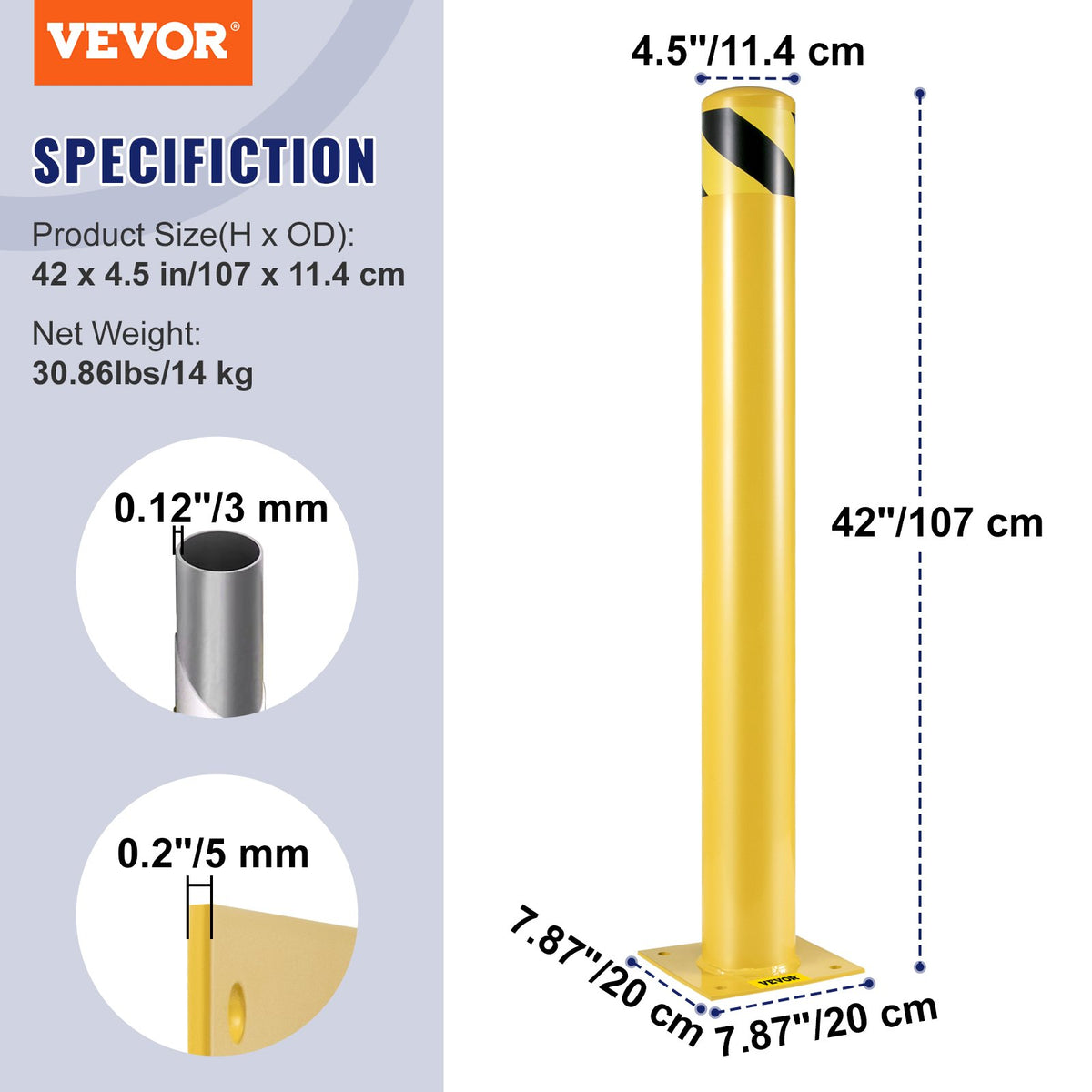VEVOR Safety Bollard, 42 Inch Height Bollard Post, 4.5 Inch Diameter Steel Pipe Safety Bollard Post, Yellow Steel Bollard, Steel Safety Bollard with 8 Anchor Bolts, Perfect for Traffic-Sensitive Area - AQZYCHS424.52YZBJV0 - view 8
