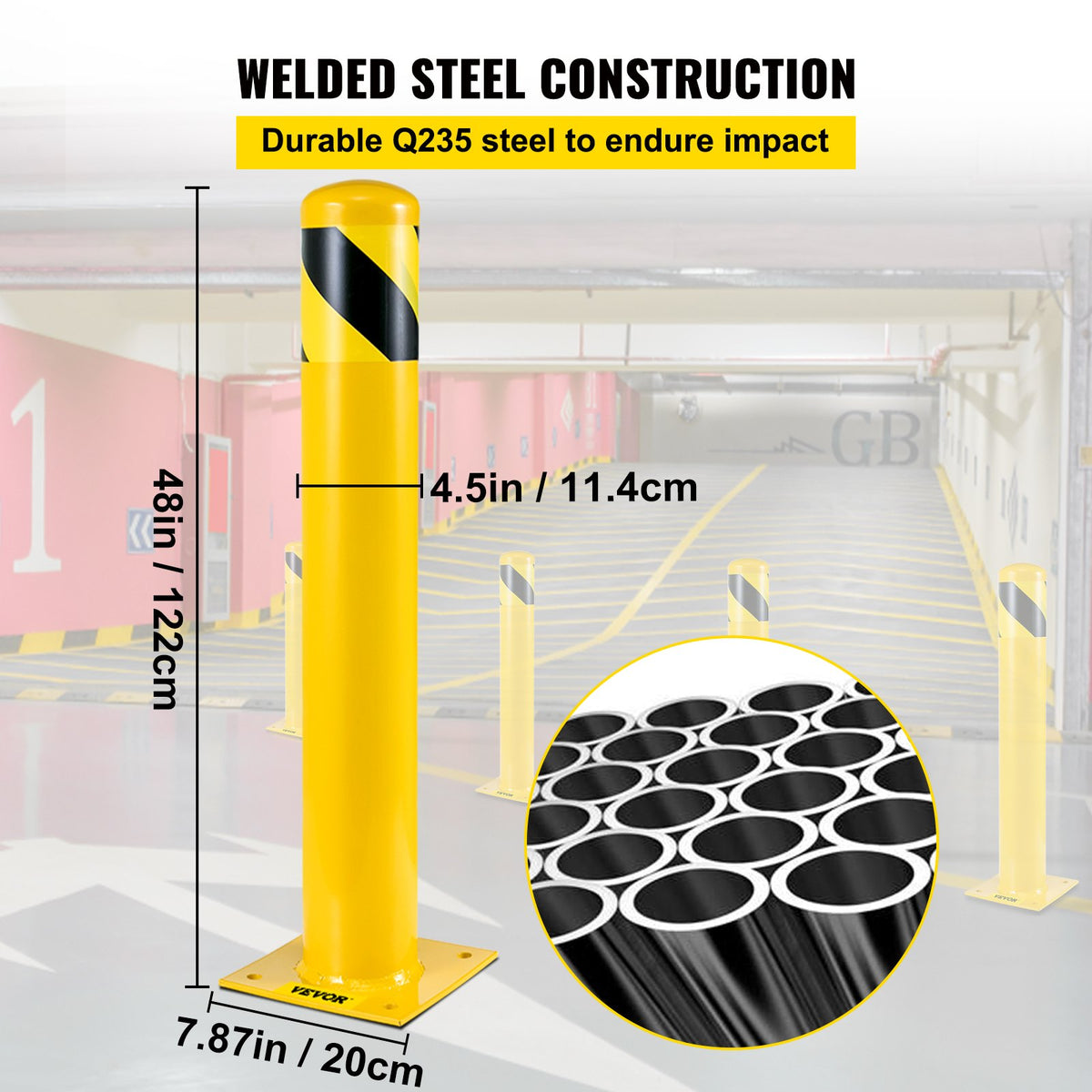 VEVOR Safety Bollard, 48 Inch Height Bollard Post, 4.5 Inch Diameter Steel Pipe Safety Bollard Post, Yellow Steel Bollard, Steel Safety Bollard with 8 Anchor Bolts, Perfect for Traffic-Sensitive Area - AQZYCHS484.52DZ38V0 - view 4