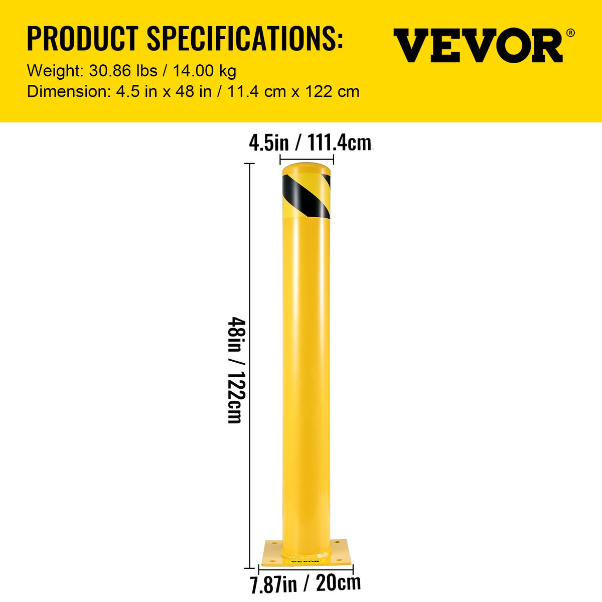 VEVOR Safety Bollard, 48 Inch Height Bollard Post, 4.5 Inch Diameter Steel Pipe Safety Bollard Post, Yellow Steel Bollard, Steel Safety Bollard with 8 Anchor Bolts, Perfect for Traffic-Sensitive Area - AQZYCHS484.52DZ38V0 - view 8