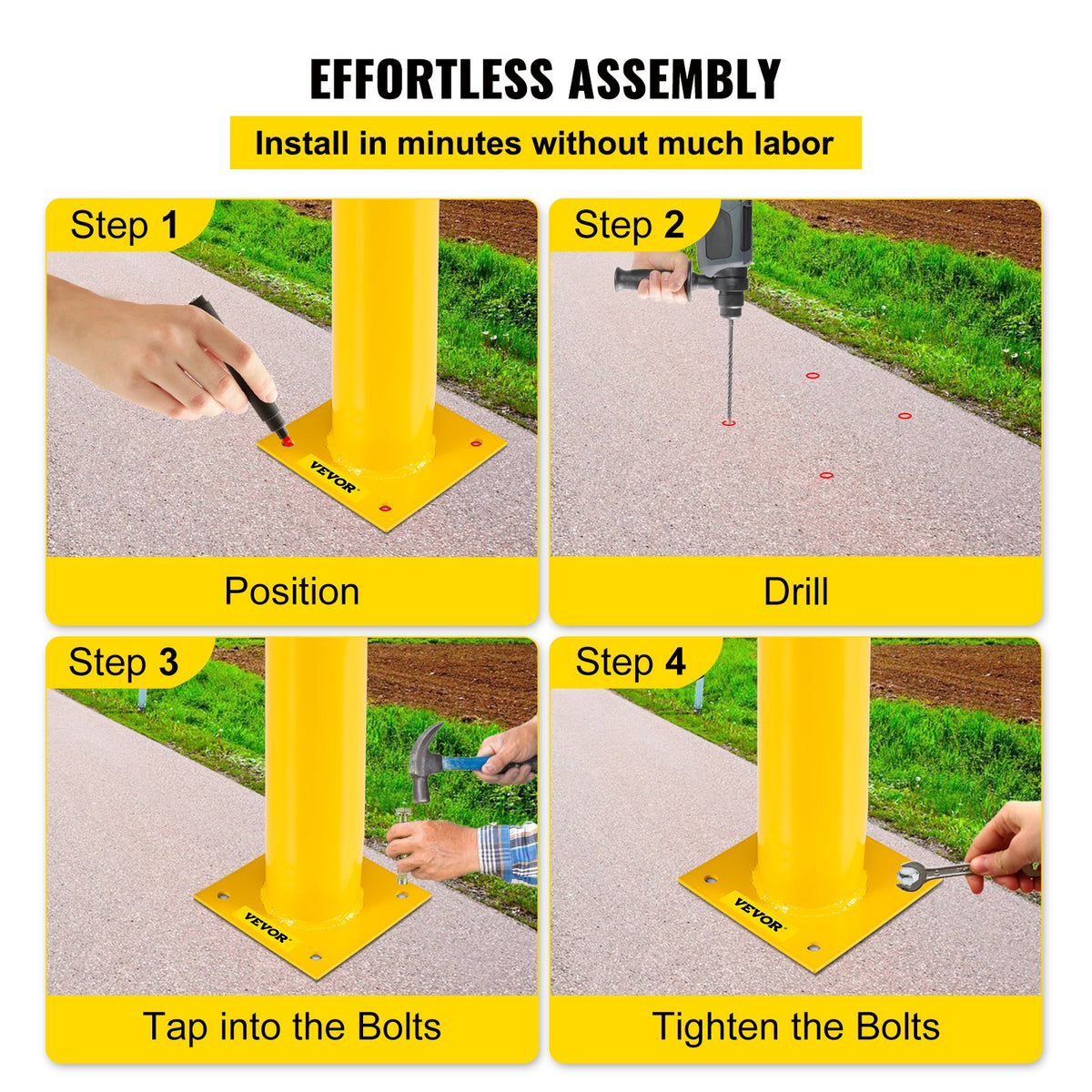 VEVOR Safety Bollard, 48 Inch Height Bollard Post, 5.5 Inch Diameter Steel Pipe Safety Bollard Post, Yellow Steel Bollard, Steel Safety Bollard with 8 Anchor Bolts, Perfect for Traffic-Sensitive Area - AQZYCHS485.52JKL5V0 - view 7