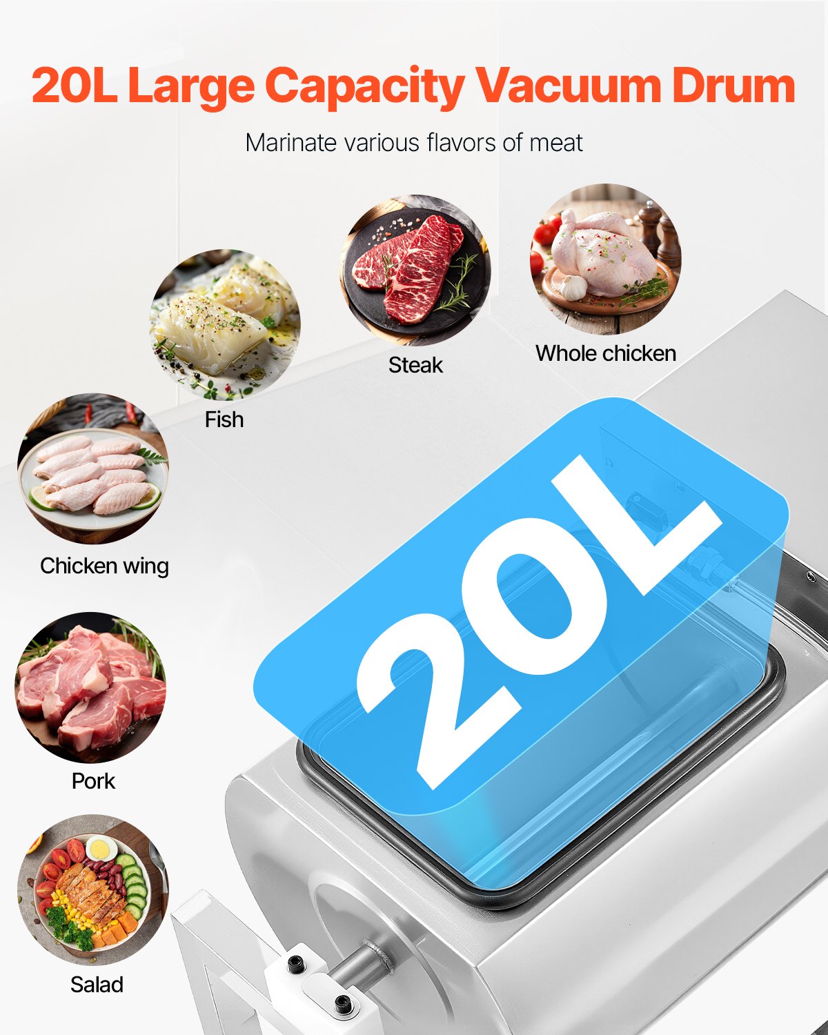 VEVOR Commercial Meat Tumbler Marinator, 20L Vacuum Tumbler Marinating Machine with Bidirectional Rotation and 3-Speed, Stainless Steel Vacuum Curing Machine for Chicken Steak Pork, Restaurant - ARJ18LTM0000ITM11V1 - view 3