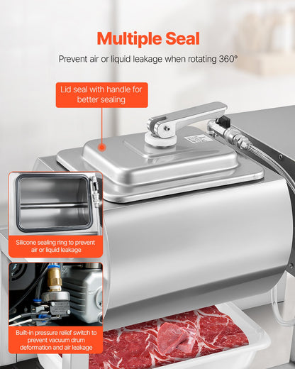 VEVOR Commercial Meat Tumbler Marinator, 20L Vacuum Tumbler Marinating Machine with Bidirectional Rotation and 3-Speed, Stainless Steel Vacuum Curing Machine for Chicken Steak Pork, Restaurant - ARJ18LTM0000ITM11V1 - view 6