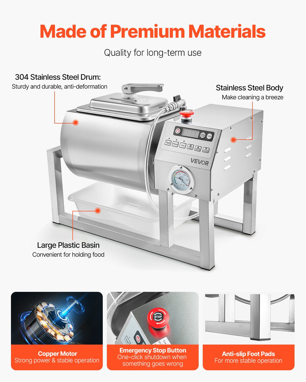 VEVOR Commercial Meat Tumbler Marinator, 20L Vacuum Tumbler Marinating Machine with Bidirectional Rotation and 3-Speed, Stainless Steel Vacuum Curing Machine for Chicken Steak Pork, Restaurant - ARJ18LTM0000ITM11V1 - view 7