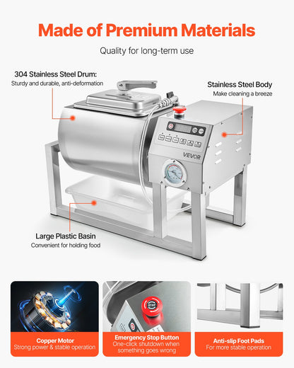 VEVOR Commercial Meat Tumbler Marinator, 20L Vacuum Tumbler Marinating Machine with Bidirectional Rotation and 3-Speed, Stainless Steel Vacuum Curing Machine for Chicken Steak Pork, Restaurant - ARJ18LTM0000ITM11V1 - view 7