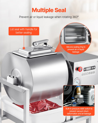 VEVOR Commercial Meat Tumbler Marinator, 40L Vacuum Tumbler Marinating Machine with Bidirectional Rotation and 3-Speed, Stainless Steel Vacuum Curing Machine for Chicken Pork Fish, Steak House - ARJ45LLD0000OBQB2V1 - view 6