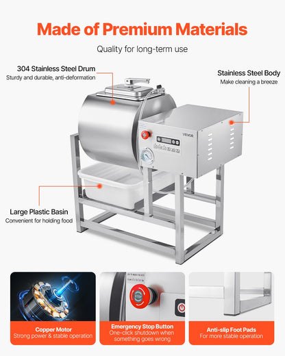 VEVOR Commercial Meat Tumbler Marinator, 40L Vacuum Tumbler Marinating Machine with Bidirectional Rotation and 3-Speed, Stainless Steel Vacuum Curing Machine for Chicken Pork Fish, Steak House - ARJ45LLD0000OBQB2V1 - view 7