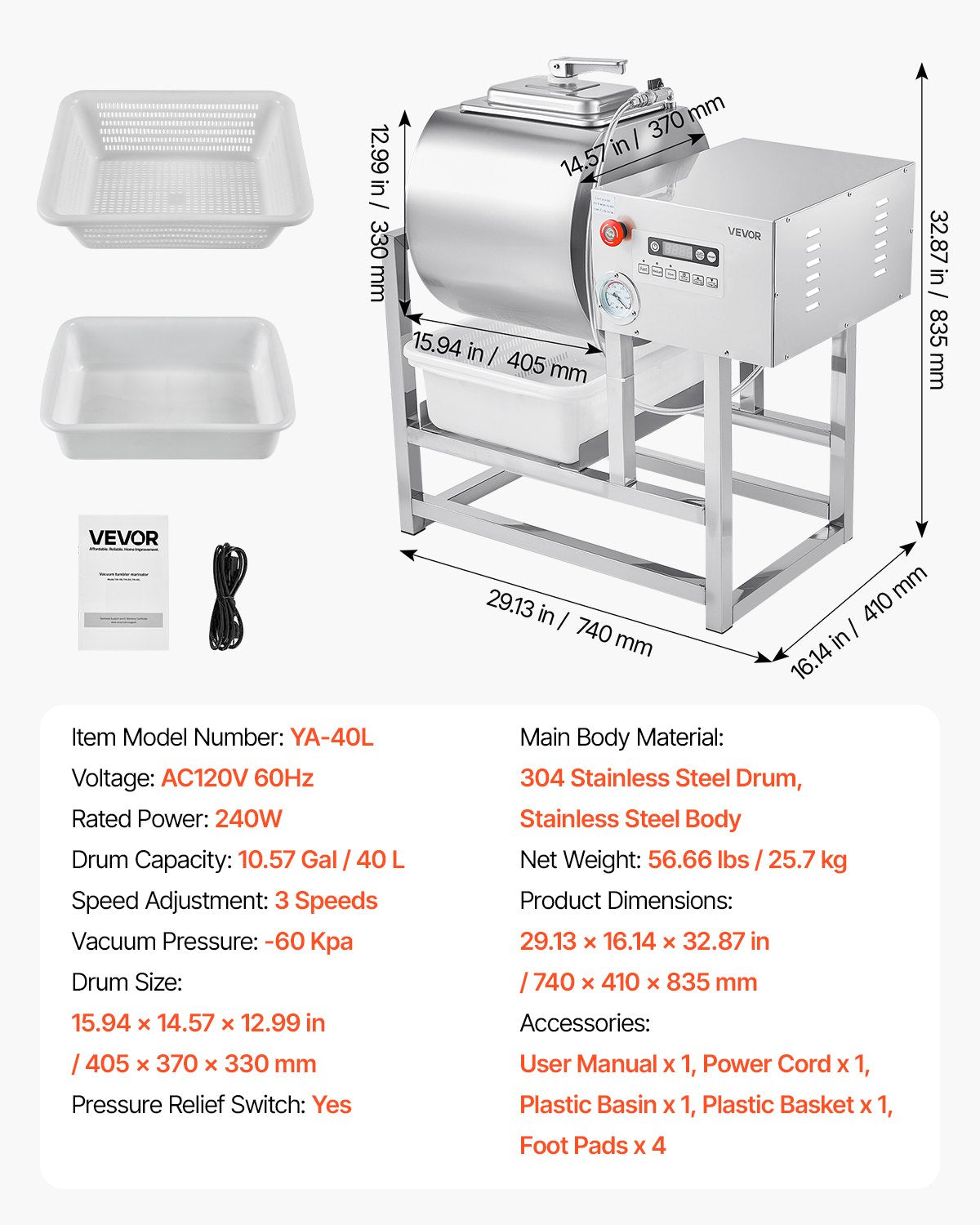 VEVOR Commercial Meat Tumbler Marinator, 40L Vacuum Tumbler Marinating Machine with Bidirectional Rotation and 3-Speed, Stainless Steel Vacuum Curing Machine for Chicken Pork Fish, Steak House - ARJ45LLD0000OBQB2V1 - view 8