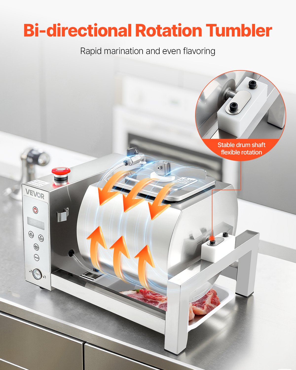 VEVOR Meat Tumbler Marinator, 10L Vacuum Tumbler Marinating Machine with Automatic Bidirectional Rotation, Stainless Steel Vacuum Curing Machine for Chicken Steak Pork, Home & Commercial Use - ARJBXG10STM0V13CD001V1 - view 4