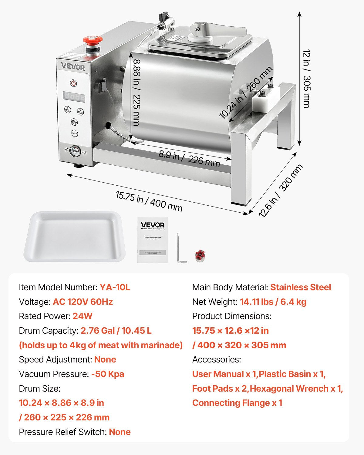 VEVOR Meat Tumbler Marinator, 10L Vacuum Tumbler Marinating Machine with Automatic Bidirectional Rotation, Stainless Steel Vacuum Curing Machine for Chicken Steak Pork, Home & Commercial Use - ARJBXG10STM0V13CD001V1 - view 8