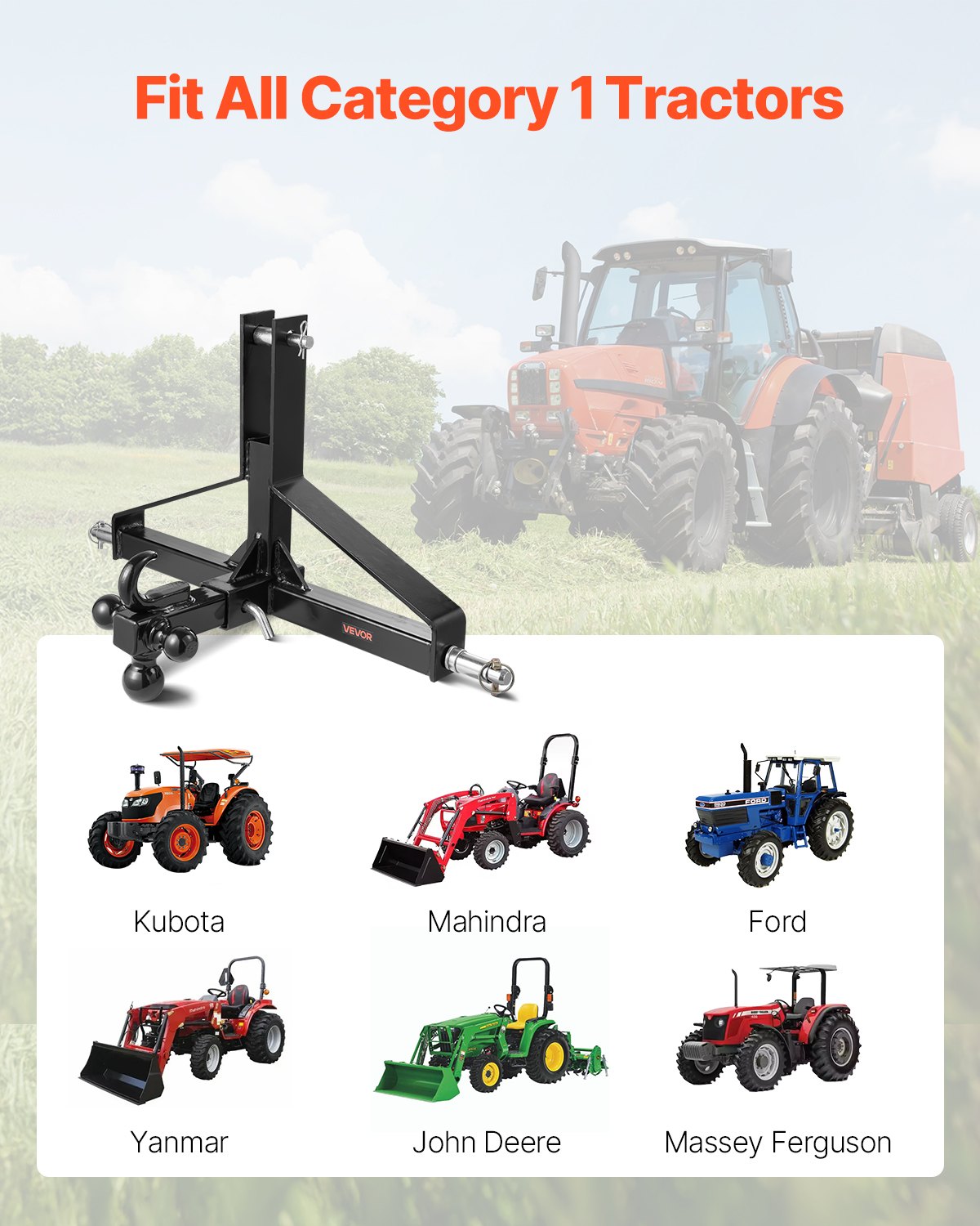 VEVOR 3 Point Trailer Hitch with 2 in Receiver, 3pt Quick Hitch Attachment, Heavy Duty Tractor Tow Drawbar Adapter, Compatible with Kubota, Mahindra, Ford, Yanmar, John Deere, Massey Ferguson - ASJXJSQDKSXTJ54AM001V0 - view 3