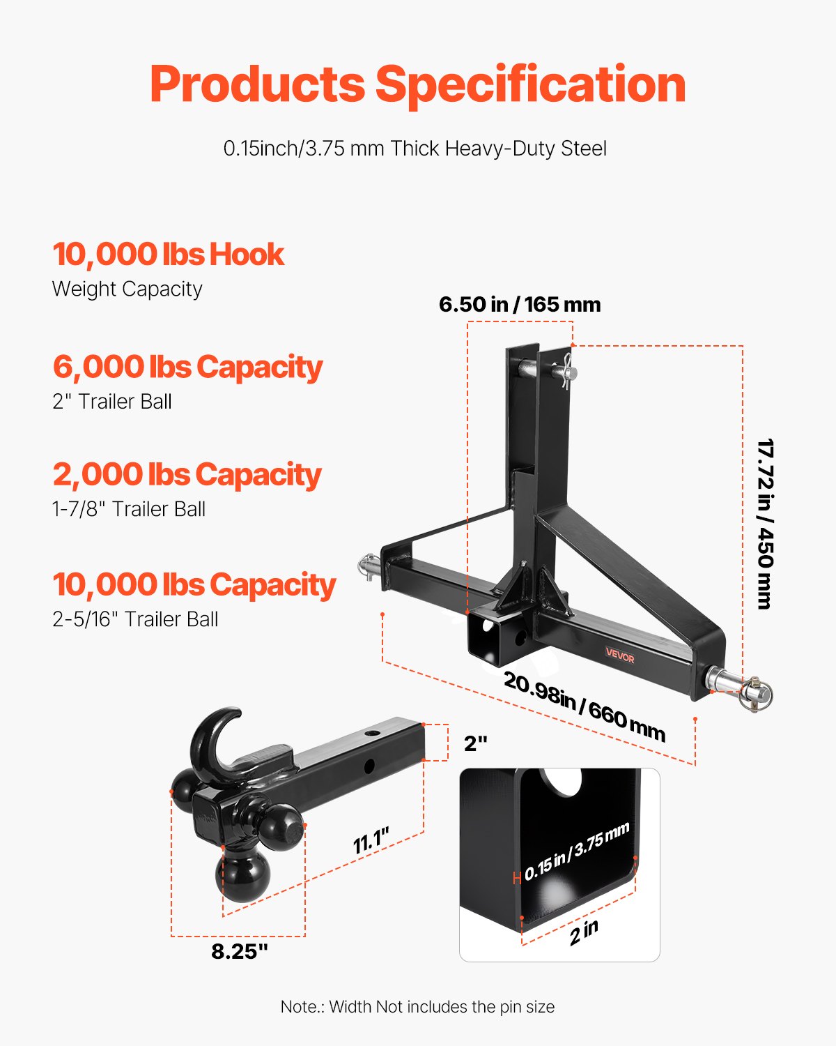VEVOR 3 Point Trailer Hitch with 2 in Receiver, 3pt Quick Hitch Attachment, Heavy Duty Tractor Tow Drawbar Adapter, Compatible with Kubota, Mahindra, Ford, Yanmar, John Deere, Massey Ferguson - ASJXJSQDKSXTJ54AM001V0 - view 4